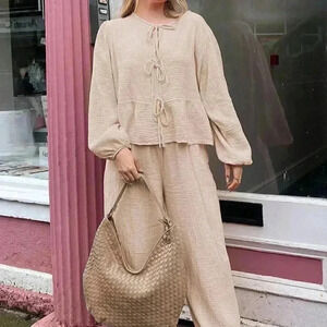 Apricot Casual Women's Lantern Sleeve Tie Waist Top & High Waist Pants Set